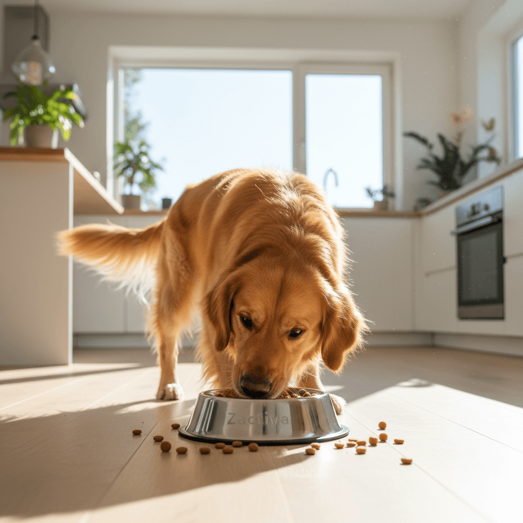Dog enjoying premium Zactiva pet food at home