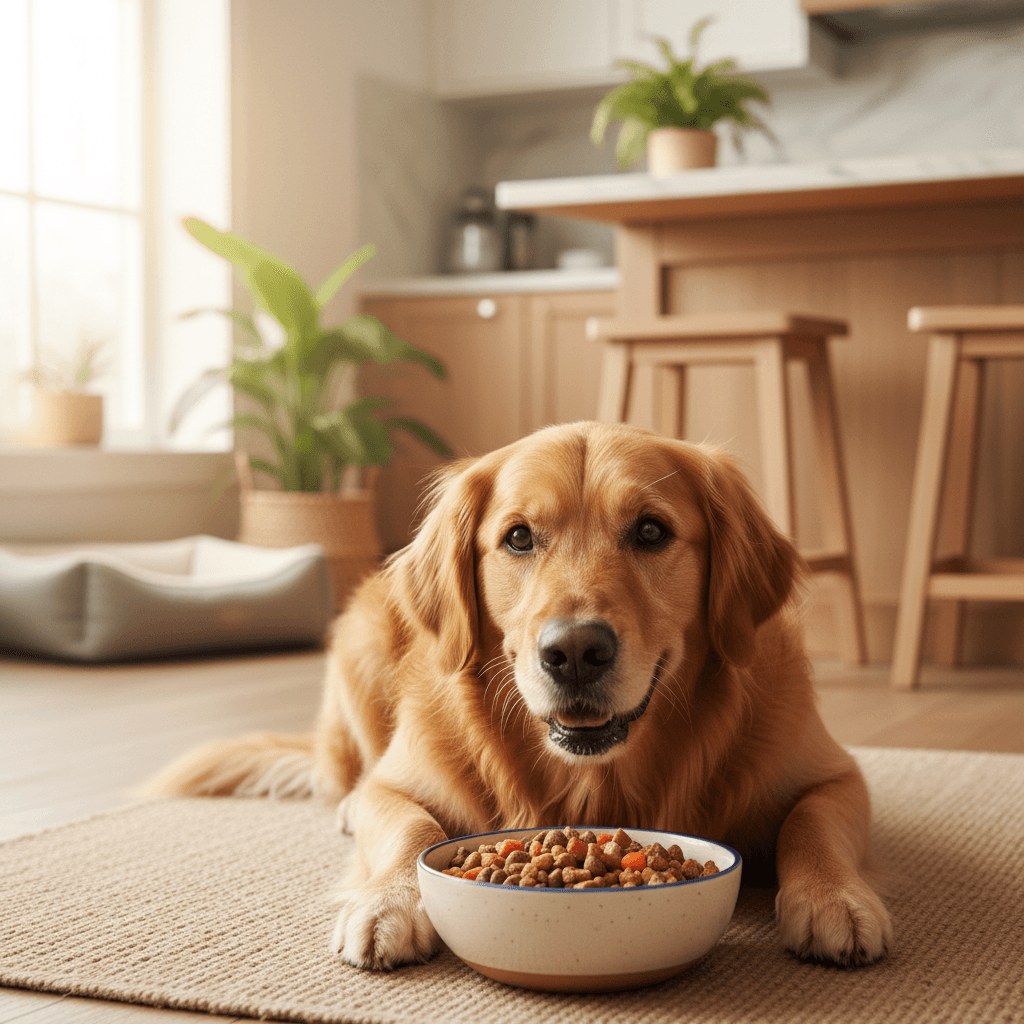 Dog enjoying premium pet food in a cozy home setting