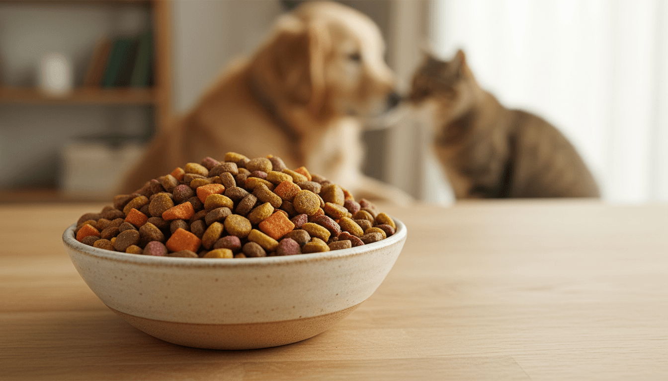 Premium pet food kibble in a ceramic bowl with companion animals in the background