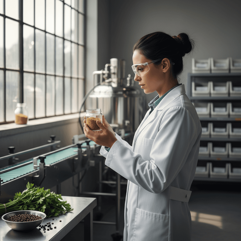 Nutrition specialist inspecting premium pet food ingredients