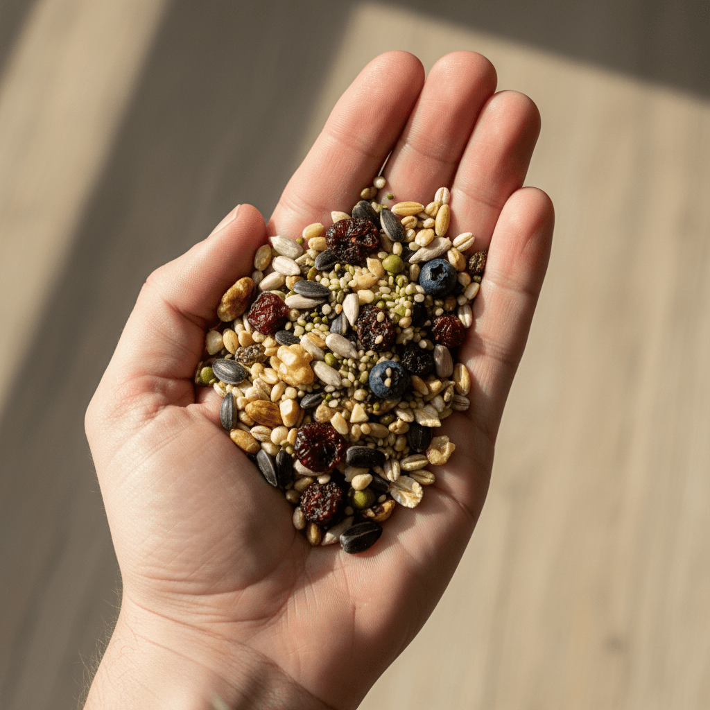 Premium pet food ingredients and kibble in natural light