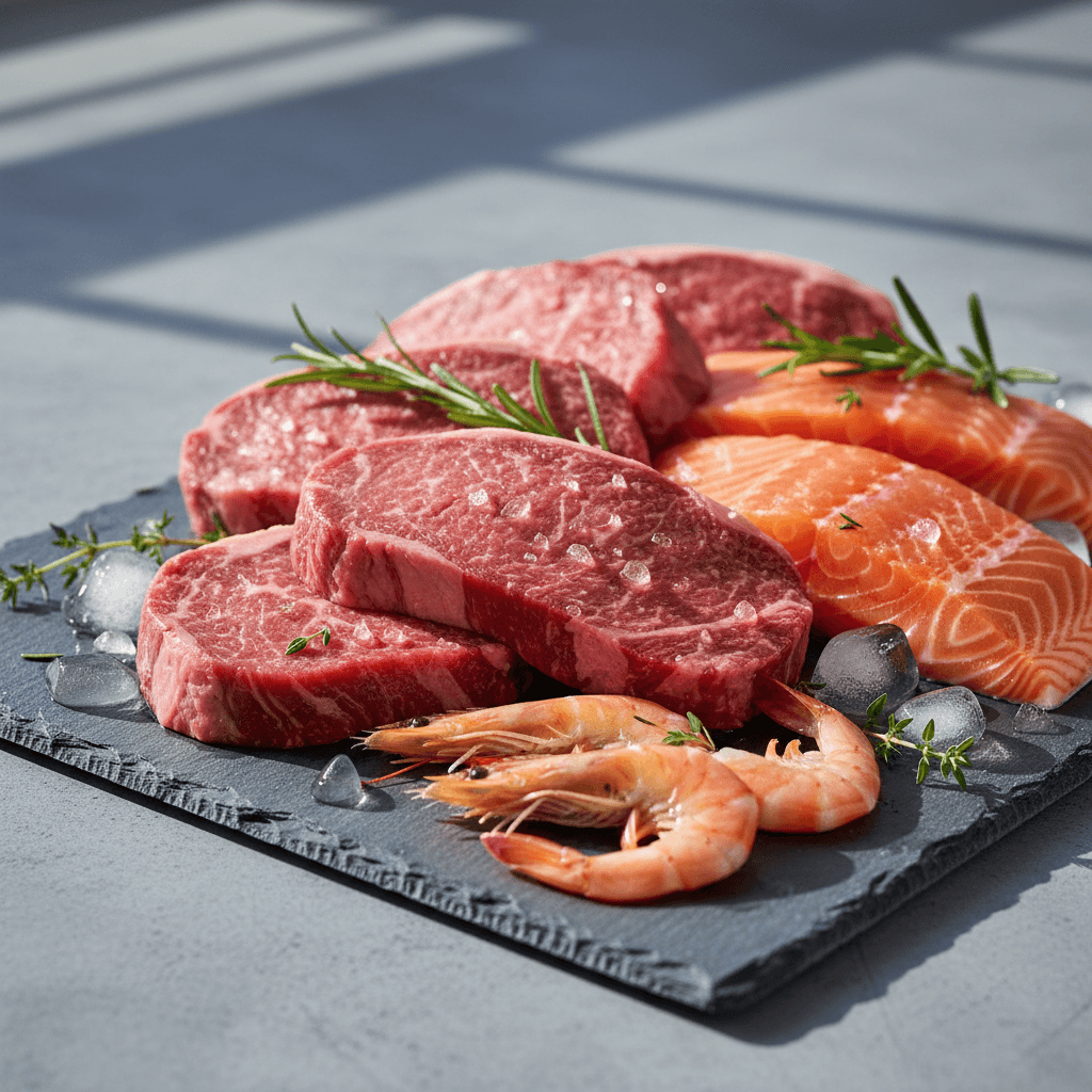 Premium assortment of fresh beef, salmon, and prawns artfully arranged on slate with ice and fresh herbs in natural light