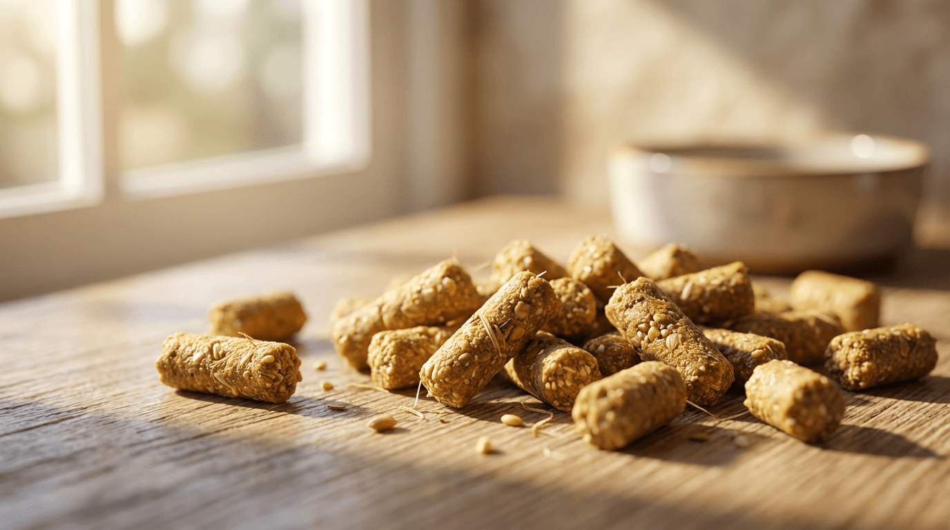 Close-up of premium pet food kibble with natural ingredients and warm natural lighting