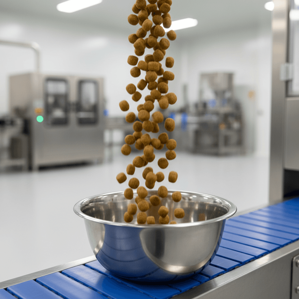 Close-up of premium dry pet kibble being poured in quality control bowl on manufacturing line