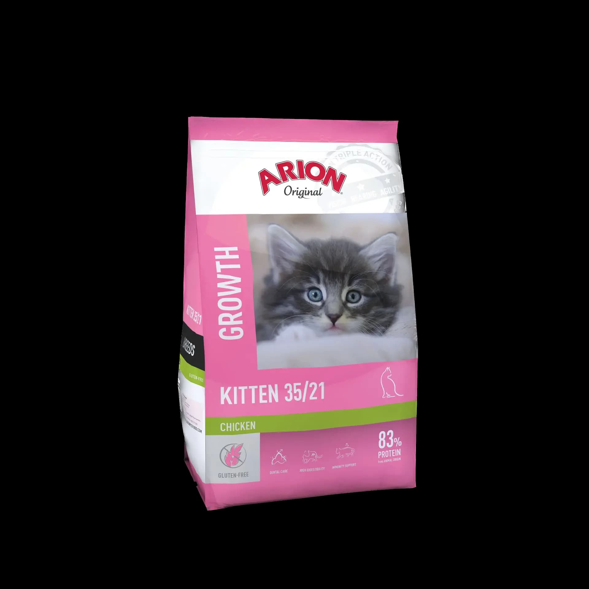 Pink bag of Arion Original Growth chicken kitten food with a grey tabby kitten.