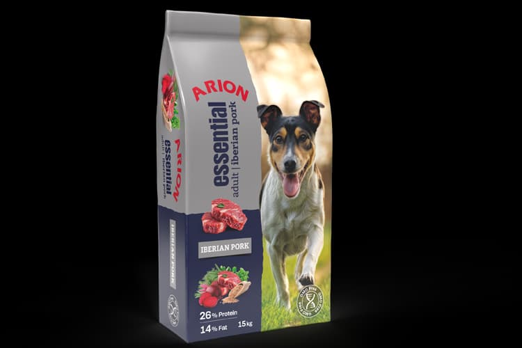 Arion Essential adult dog food bag, Iberian pork flavor, featuring a happy running terrier.